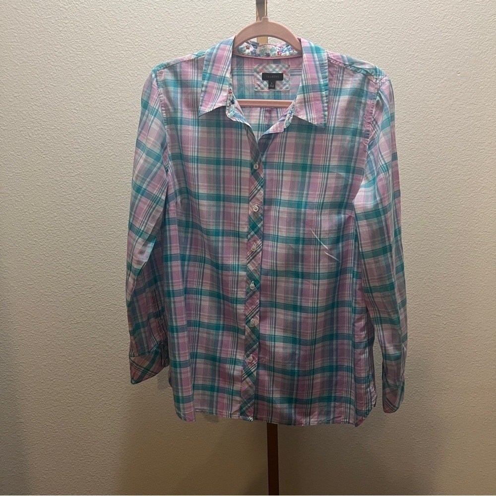 Talbots Purple Teal Plaid Button Up Long Sleeve Shirt Blouse Top Large - Picture 1 of 6